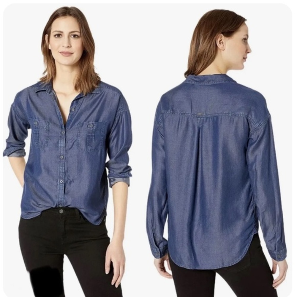 PRANA Updrift Blue Chambray Denim Shirt Top $69 EUC M